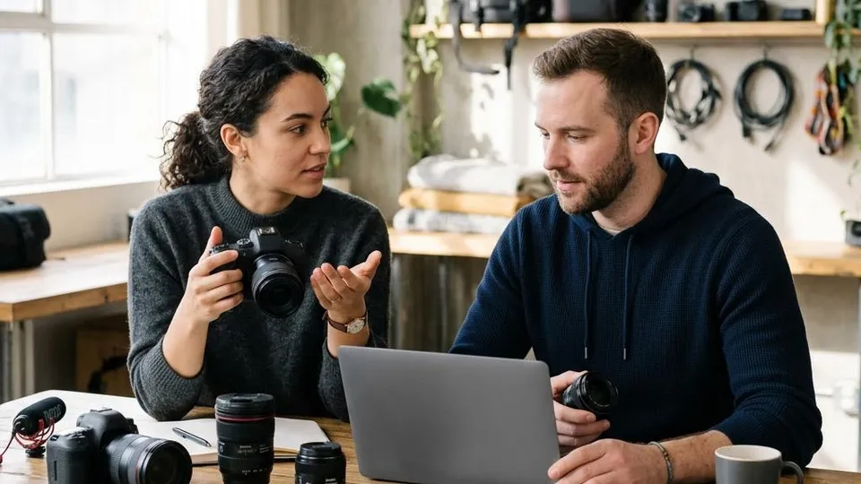 Two creators comparing cameras, lenses and microphones at a laptop