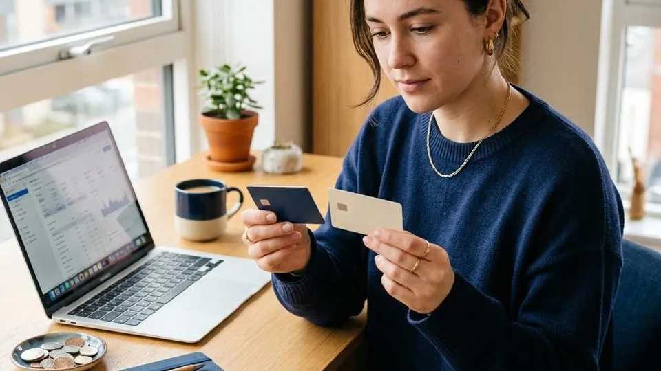 A woman comparing unbranded bank cards at a desk with a laptop and coins