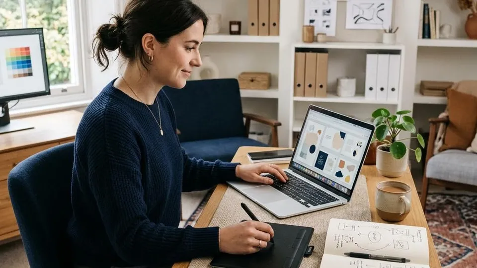 A freelance creator designing digital downloads at a laptop in a home studio
