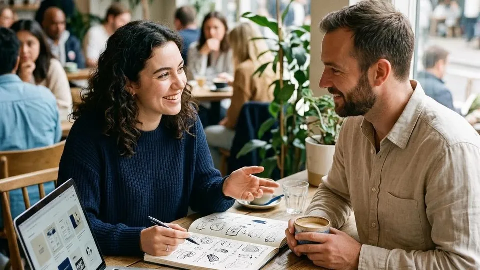 A freelance designer and a client talking over sketches and a laptop in a busy cafe