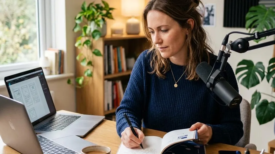 A woman creator at a desk with a laptop, microphone and notebook planning her content income
