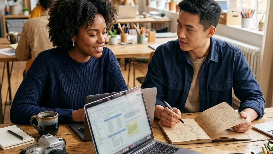 Two creators discussing a budget notebook and spreadsheet at a laptop in a bright shared studio