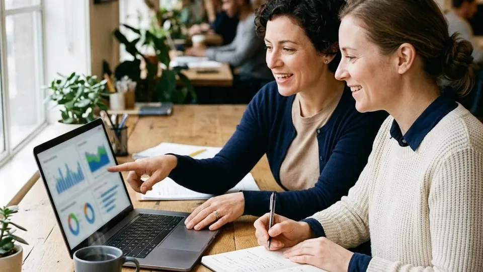 Two publishers reviewing website statistics together at a sunlit desk