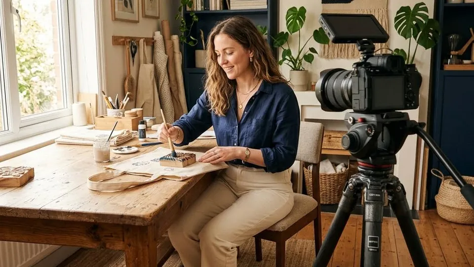 A video creator setting up a camera in a home studio